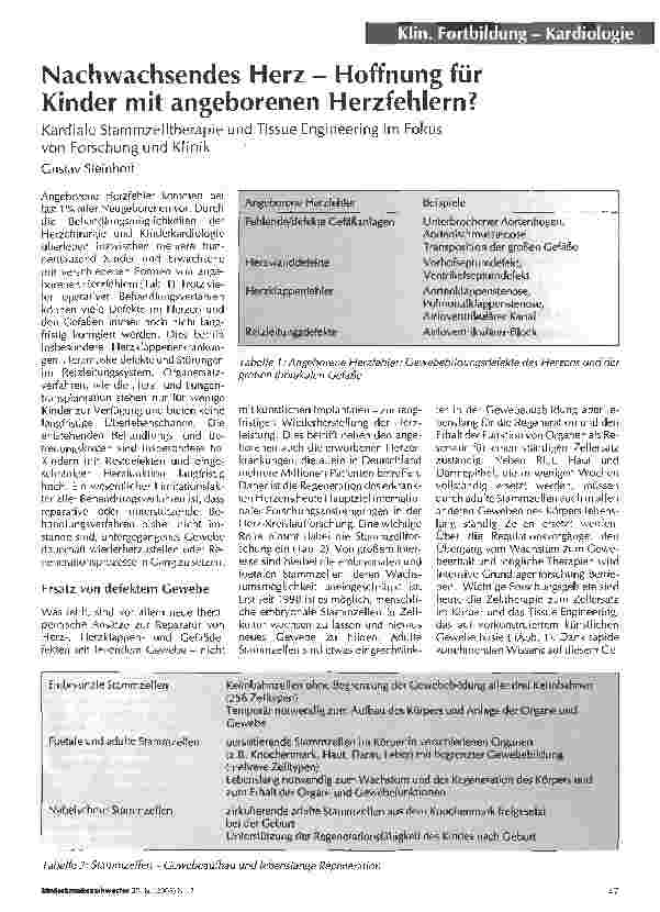 Vorschauseite 1: Nachwachsendes Herz - Hoffnung für Kinder mit angeborenen Herzfehlern?Kardiale Stammzelltherapie und Tissue Engineering im Fokus von Forschung und Klinik