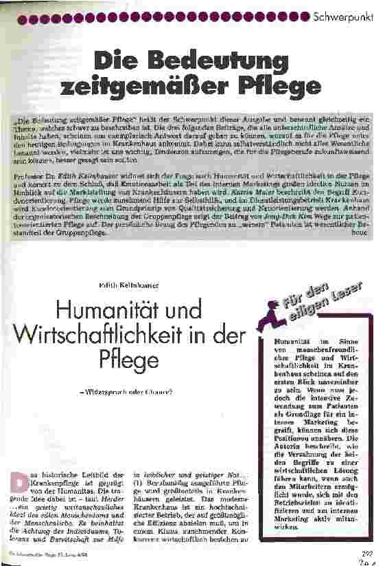 Vorschauseite 1: Humanität und Wirtschaftlichkeit in der Pflege Widerspruch oder Chance?