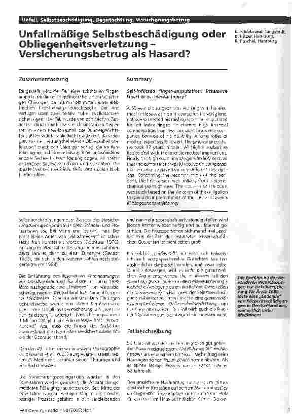 Vorschauseite 1: Unfallmäßige Selbstbeschädigung oder Obliegenheitsverletzung -Versicherungsbetrug als Hasard?