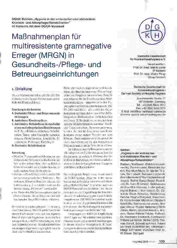 Vorschauseite 1: Maßnahmenplan für multiresistente gramnegative Erreger (MRGN) in Gesundheits-/Pflegeund Betreuungseinrichtungen
