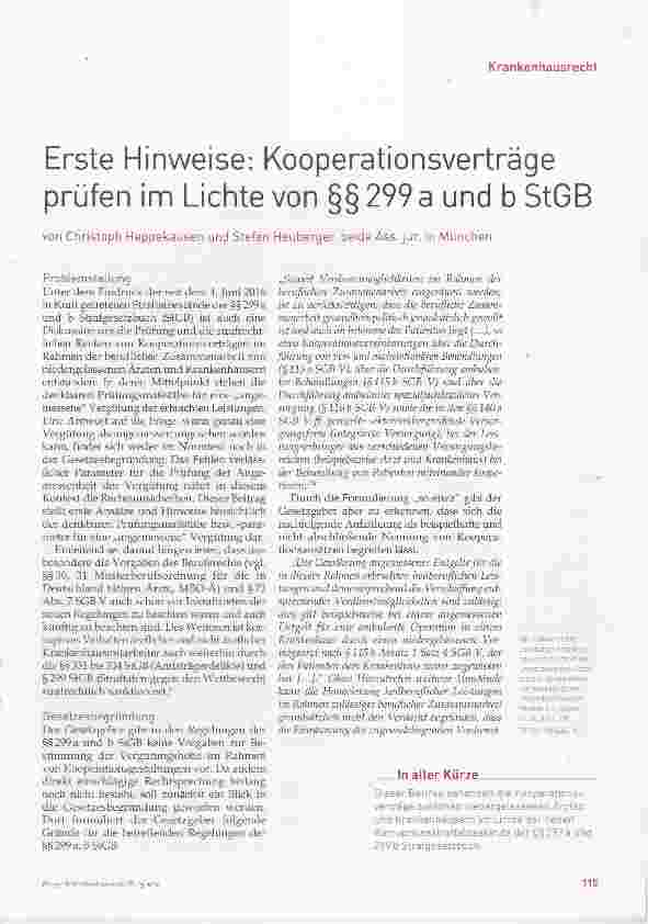 Vorschauseite 1: Erste Hinweise: Kooperationsverträge prüfen im Lichte von §§ 299 a und b StGB