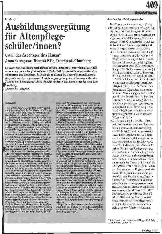Vorschauseite 1: Ausbildungsvergütung für Altenpflegeschüler/innen Urteil des Arbeitsgerichts Hanau