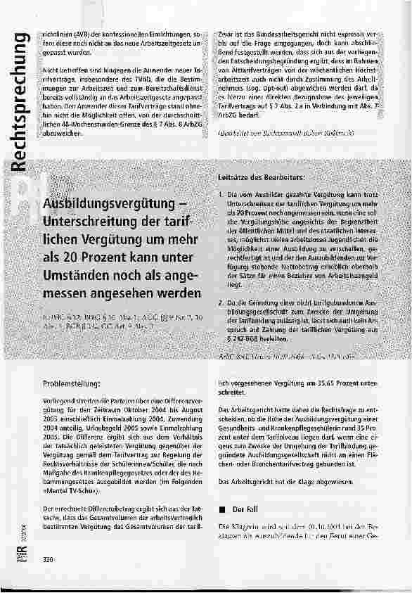 Vorschauseite 1: Ausbildungsvergütung -Unterschreitung der tariflichen Vergütung um mehr als 20 Prozent kann unter Umständen noch als angemessen angesehen werden