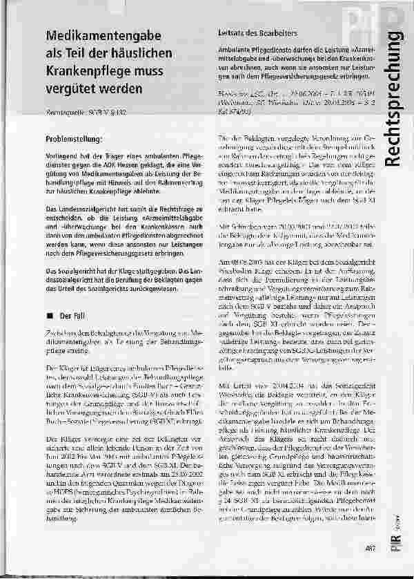 Vorschauseite 1: Medikamentengabe als Teil der häuslichen Krankenpflege muss vergütet werden
