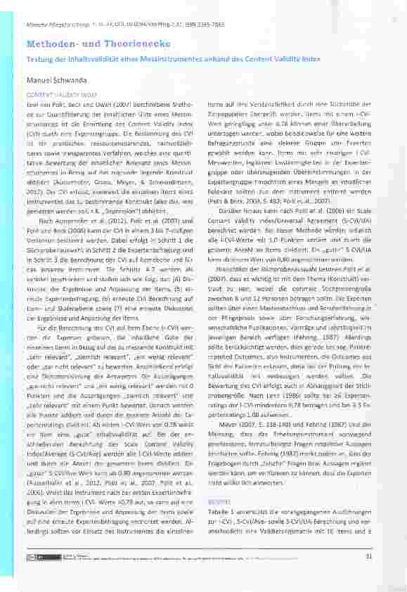 Vorschauseite 1: Testung der Inhaltsvalidität eines Messinstrumentes anhand des Content Validity Index