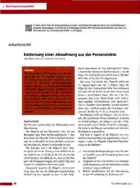 Vorschauseite 1: Entfernung einer Abmahnung aus der Personalakte LAG Mainz vom 12.11.2015 (5 Sa 141/15)