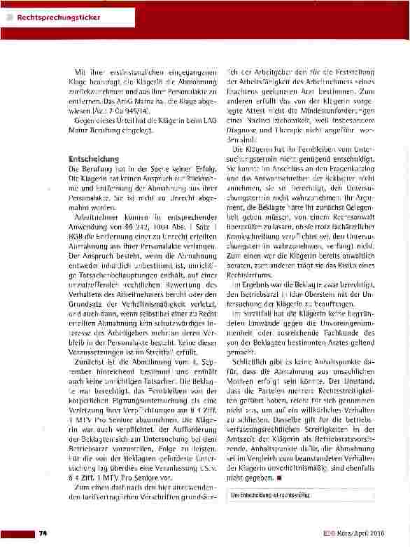 Vorschauseite 3: Entfernung einer Abmahnung aus der Personalakte LAG Mainz vom 12.11.2015 (5 Sa 141/15)