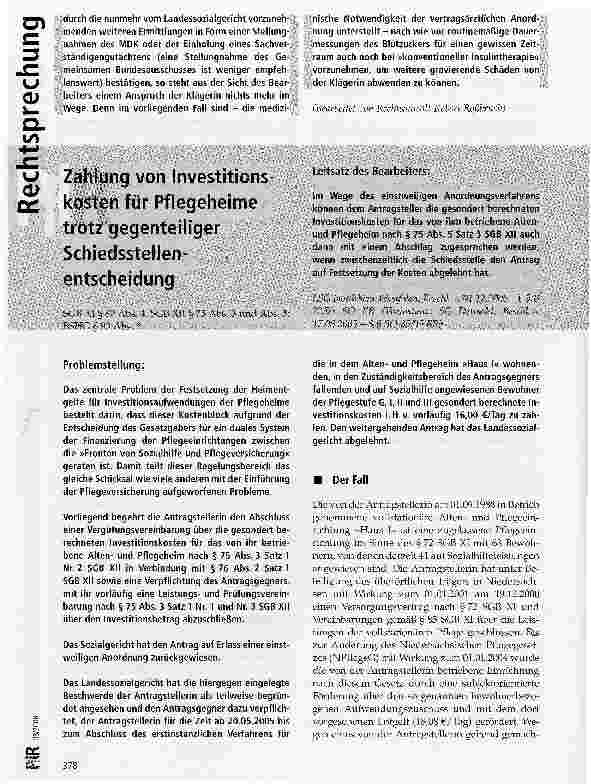 Vorschauseite 1: Zahlung von Investitionskosten für Pflegeheime trotz gegenteiliger Schiedsstellenentscheidung
