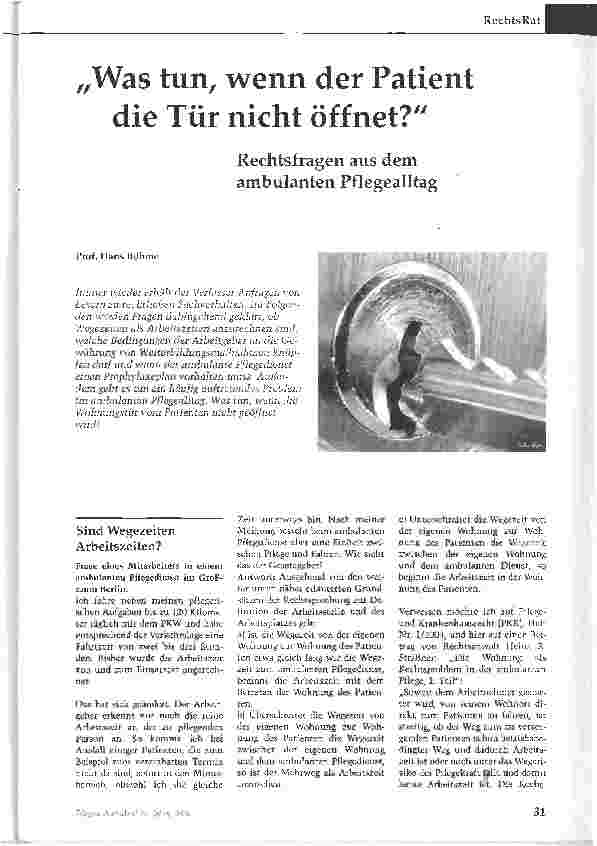 Vorschauseite 1: Was tun, wenn der Patient die Tür nicht öffnet?Rechtsfragen aus dem ambulanten Pflegealltag