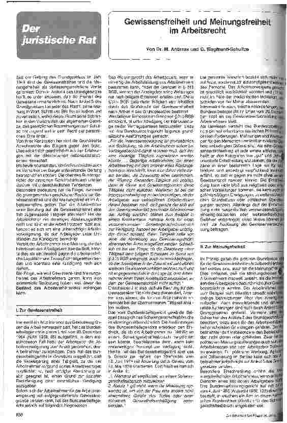 Vorschauseite 1: Gewissenfreiheit und Meinungsfreiheit im Arbeitsrecht