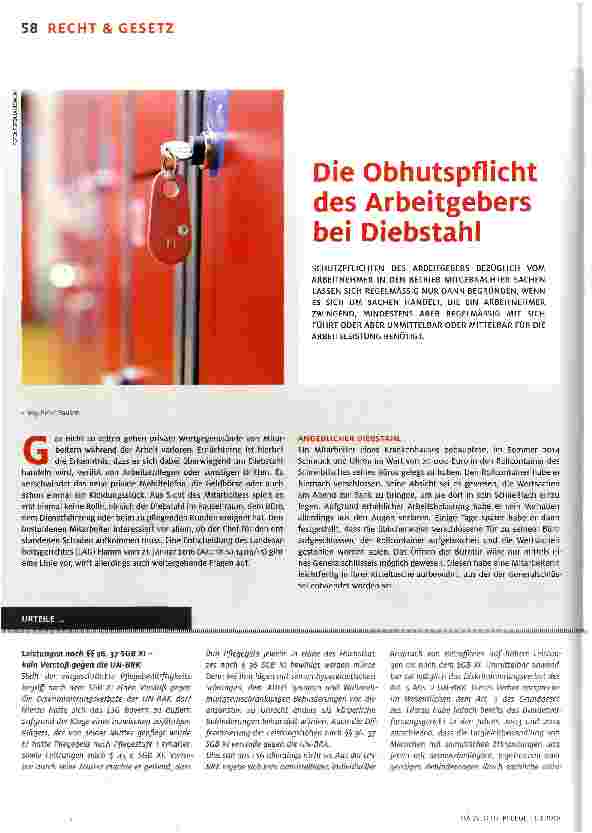 Vorschauseite 1: Die Obhutspflicht des Arbeitgebers bei Diebstahl