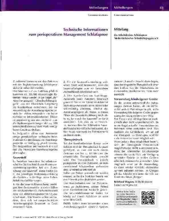 Vorschauseite 1: Technische Informationen zum perioperativen Management Schlafapnoe