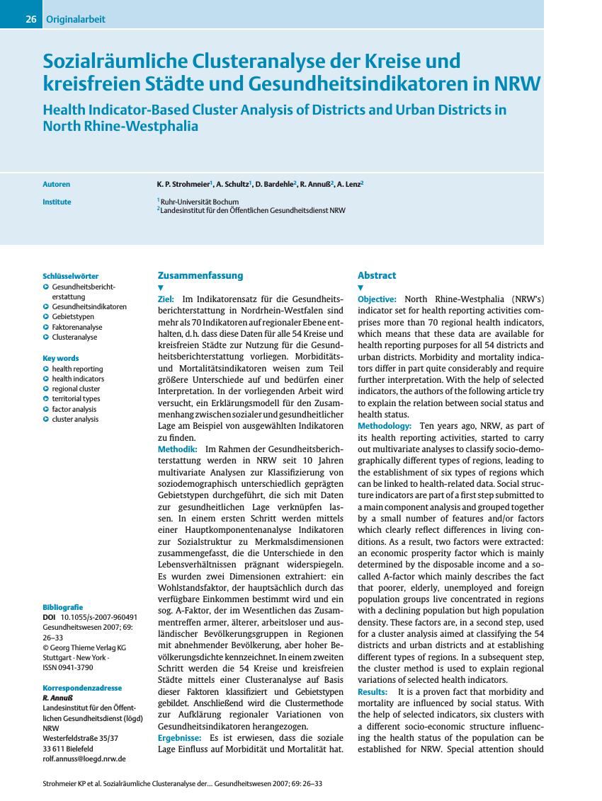 Vorschauseite 1: Sozialräumliche Clusteranalyse der Kreise und kreisfreien Städte und Gesundheitsindikatoren in NRW