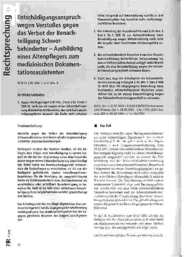 Vorschauseite 1: Entschädigungsanspruch wegen Verstoßes gegen das Verbot der Benachteiligung Schwerbehinderter - Ausbildung eines Altenpflegers zum medizinischen Dokumentationsassistenten