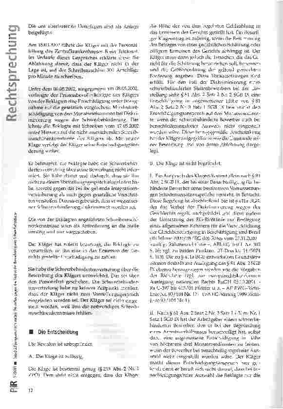 Vorschauseite 3: Entschädigungsanspruch wegen Verstoßes gegen das Verbot der Benachteiligung Schwerbehinderter - Ausbildung eines Altenpflegers zum medizinischen Dokumentationsassistenten