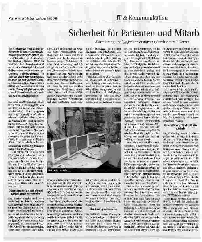 Vorschauseite 1: Sicherheit für Patienten und MitarbeiterAlarmierung und Logistikunterstützung durch zentrale Server