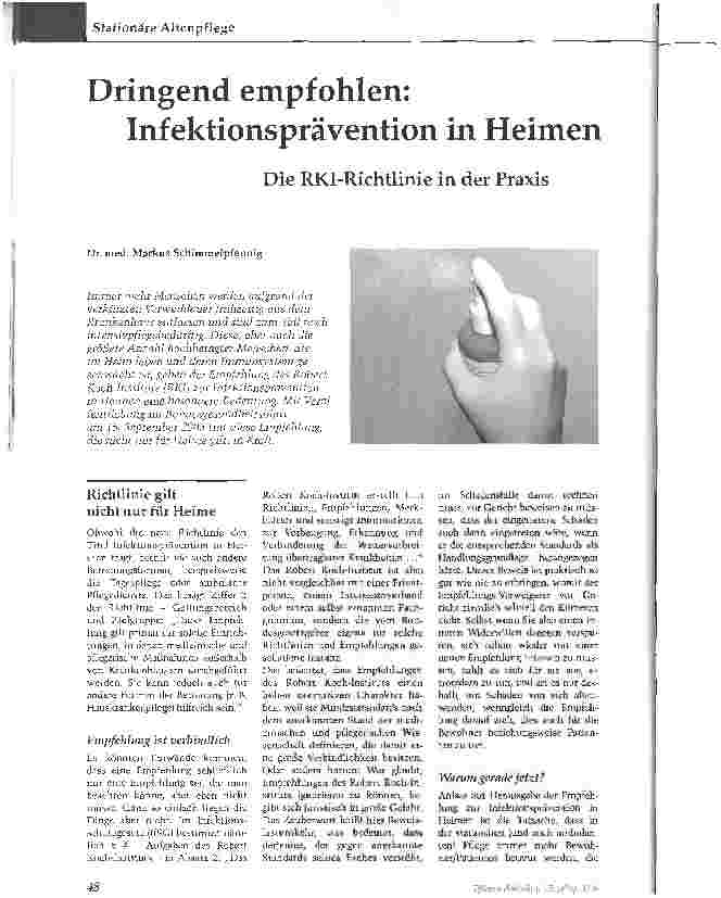 Vorschauseite 1: Dringend empfohlen:Infektionsprävention in HeimenDie RKI-Richtlinie in der Praxis