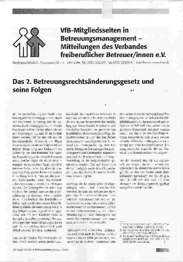Vorschauseite 1: VfB-Mitgliedsseiten in Betreuungsmanagement -Mitteilungen des Verbandes freiberuflicher Betreuer/innen e. V. Das 2. Betreuungsrechtsänderungsgesetz und seine Folgen