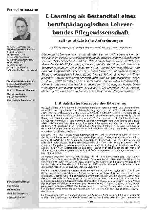 Vorschauseite 1: E-Learning als Bestandteil eines berufspädagogischen Lehrverbundes PflegewissenschaftTeil III: Didaktische Anforderungen