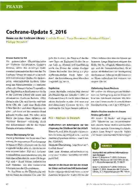 Vorschauseite 1: Cochrane-Update 5_2016 Neues aus der Cochrane Library