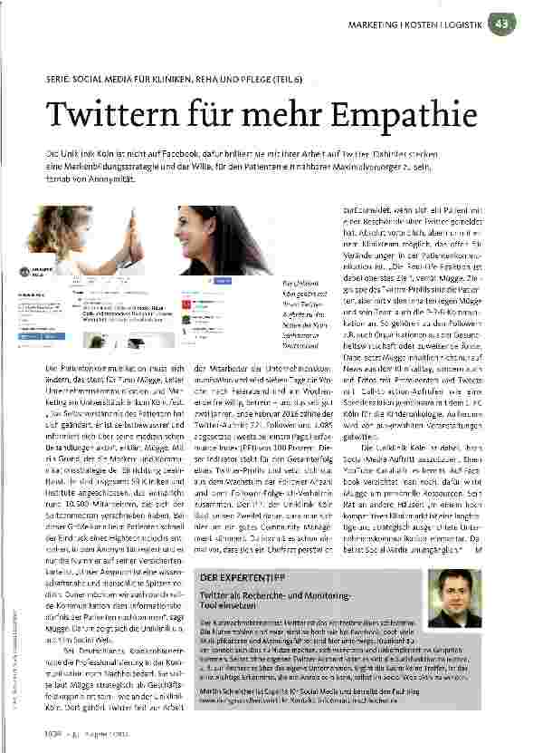 Vorschauseite 1: SERIE: SOCIAL MEDIA FÜR KLINIKEN, REHA UND PFLEGE (TEIL 6) Twittern für mehr Empathie