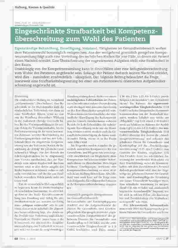 Vorschauseite 1: Eingeschränkte Strafbarkeit bei Kompetenz-überschreitung zum Wohl des Patienten