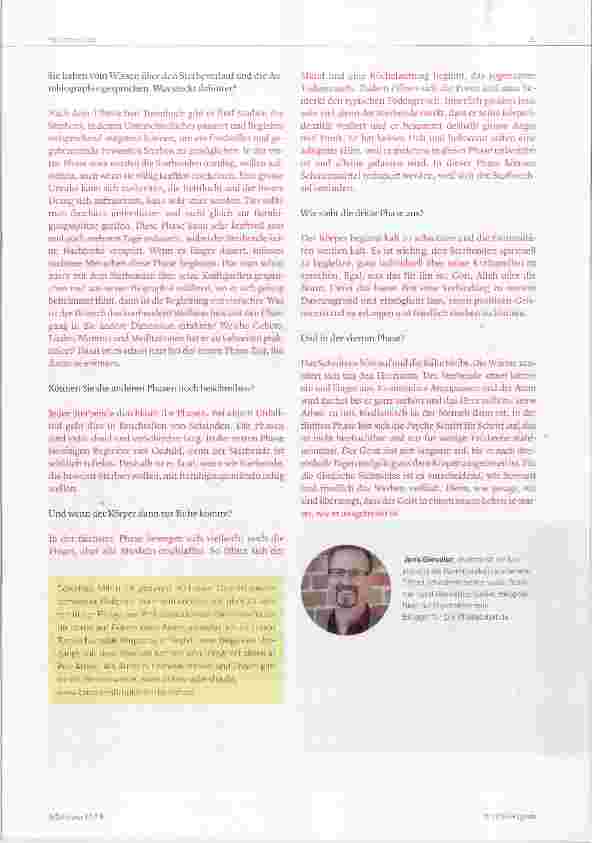 Vorschauseite 3: Wenn Menschen sterben, bedeutet das auch eine hohe psychische Betastung für die Begleitenden. Die buddhistische Sterbebegleiterin Dorothea Mihm spricht im Interview über Spiritual…