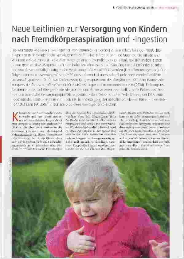 Vorschauseite 1: Neue Leitlinien zur Versorgung von Kindern nach Fremdkörperaspiration und -ingestion