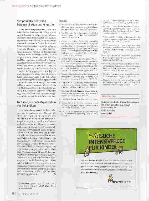 Vorschauseite 2: Neue Leitlinien zur Versorgung von Kindern nach Fremdkörperaspiration und -ingestion