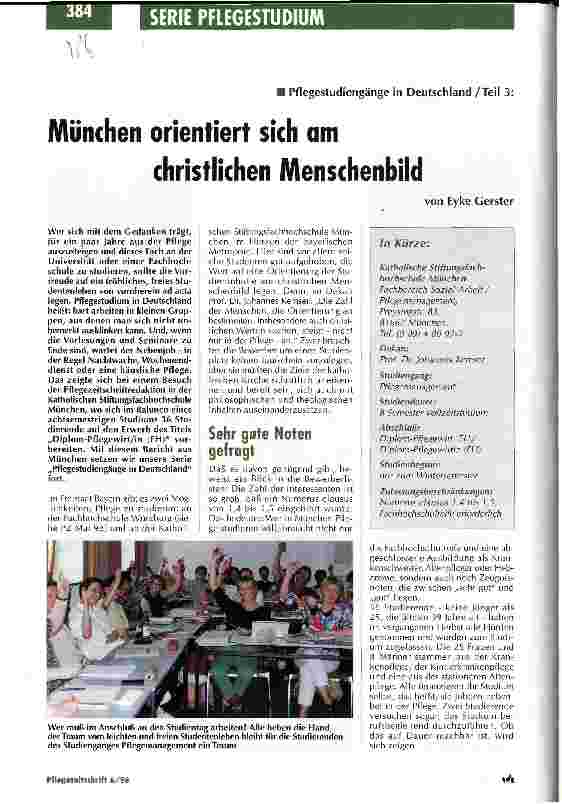 Vorschauseite 1: München orientiert sich am christlichen Menschenbild Pflegestudiengänge in Deutschland/Teil 3