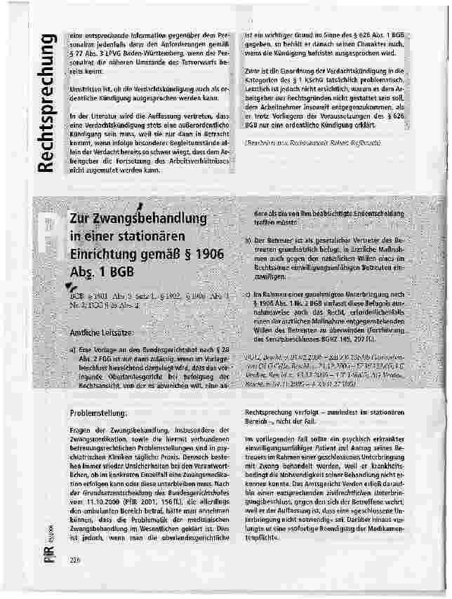 Vorschauseite 1: Zur Zwangsbehandlung in einer stationären Einrichtung gemäß § 1906 Abs. 1 BGB