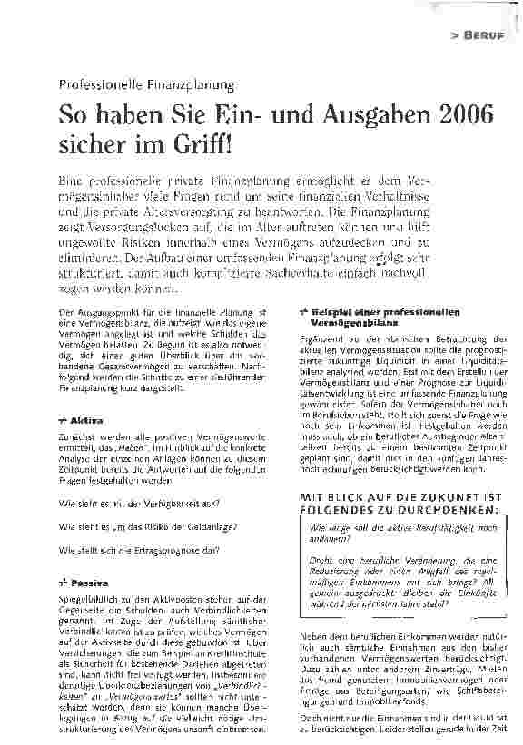 Vorschauseite 1: Professionelle Finanzplanung: So haben Sie Einund Ausgaben 2006 sicher im Griff!