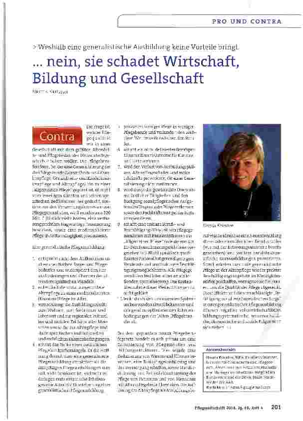 Vorschauseite 1: Weshalb eine generalistische Ausbildung keine Vorteile bringt. .. . nein, sie schadet Wirtschaft, Bildung und Gesellschaft