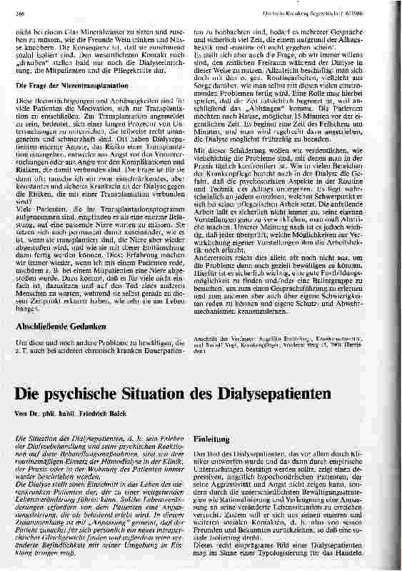 Vorschauseite 1: Die psychische Situation des Dialysepatienten