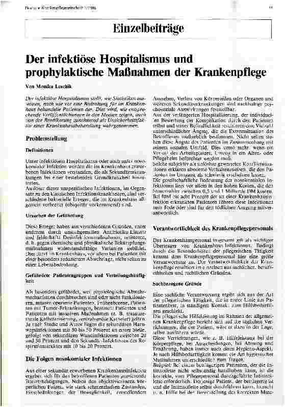 Vorschauseite 1: Der infektiöse Hospitalismus und prophylaktische Maßnahmen der Krankenpflege