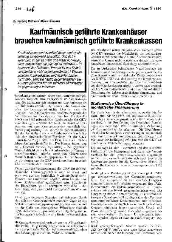 Vorschauseite 1: Kaufmännisch geführte Krankenhäuser brauchen kaufmännisch geführte Krankenkassen