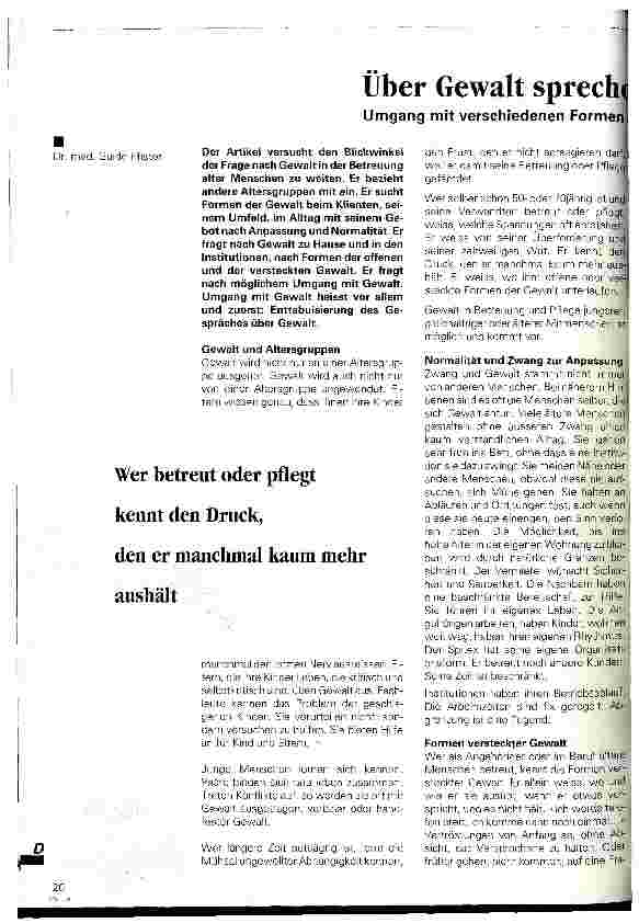 Vorschauseite 1: Über Gewalt sprechen statt schweigend leiden Umgang mit verschiedenen Formen der Gewalt in Betreuung und Pflege alter Menschen