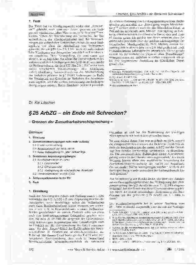 Vorschauseite 1: §25 ArbZG - ein Ende mit Schrecken? - Grenzen der Zumutbarkeitsrechtsprechung -