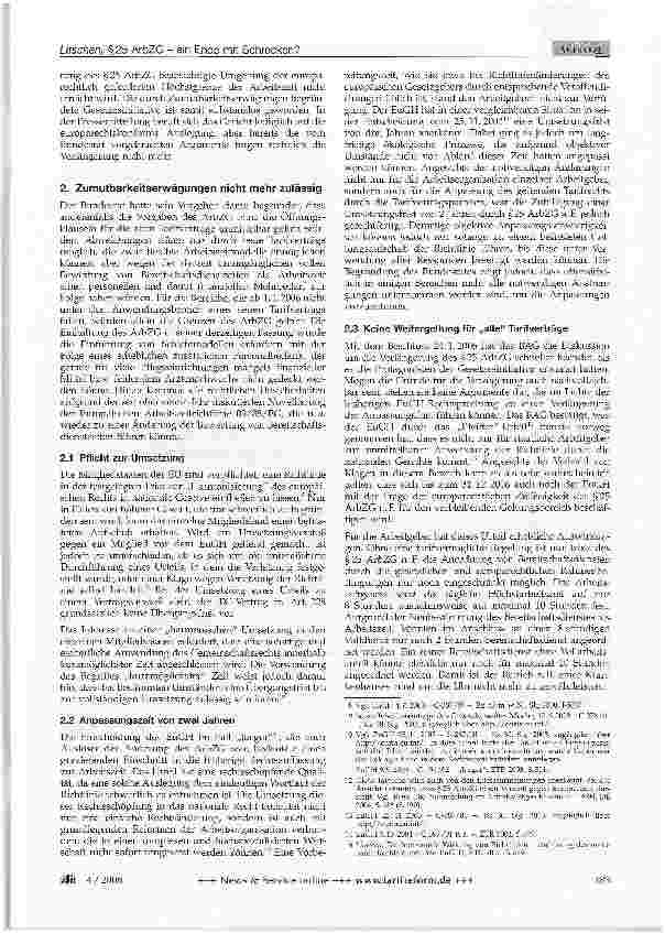 Vorschauseite 2: §25 ArbZG - ein Ende mit Schrecken? - Grenzen der Zumutbarkeitsrechtsprechung -