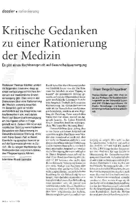 Vorschauseite 1: Kritische Gedanken zu einer Rationierung der MedizinEs gibt einen Rechtsanspruch auf Gesundheitsversorgung