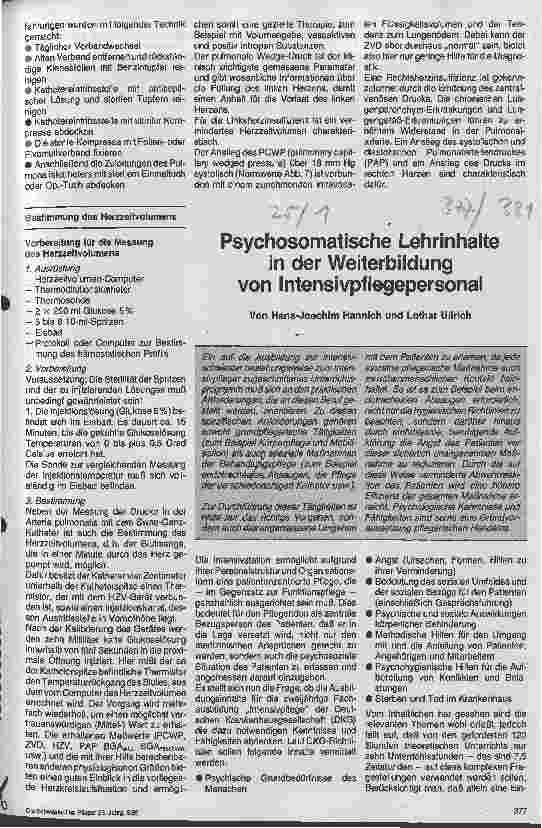 Vorschauseite 1: Psychosomatische Lehrinhalte in der Weiterbildung von Intensivpflegepersonal
