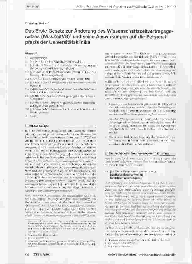 Vorschauseite 1: Das Erste Gesetz zur Änderung des Wissenschaftszeitvertragsgesetzes (WissZeitVG) und seine Auswirkungen auf die Personalpraxis der Universitätsklinika