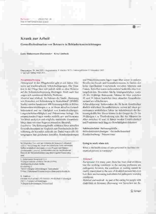 Vorschauseite 1: Krank zur Arbeit Gesundheitssituation von Beteuern in Behinderteneinrichtungen