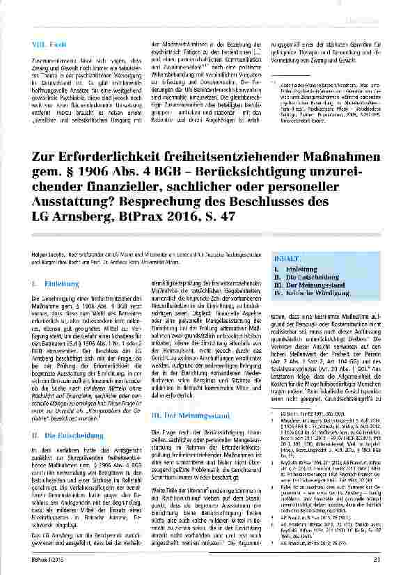 Vorschauseite 1: Zur Erforderlichkeit freiheitsentziehender Maßnahmen gem. § 1906 Abs. 4 BGB - Berücksichtigung unzureichender finanzieller, sachlicher oder personeller Ausstattung? Besprechung de…