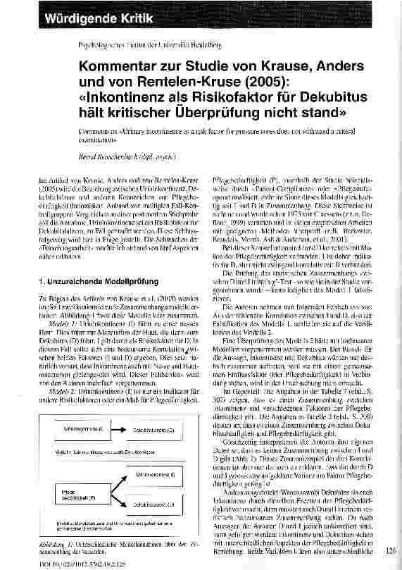 Vorschauseite 1: Kommentar zur Studie von Krause, Anders und von Rentelen-Kruse (2005): Inkontinenz als Risikofaktor für Dekubitus hält kritischer Überprüfung nicht stand