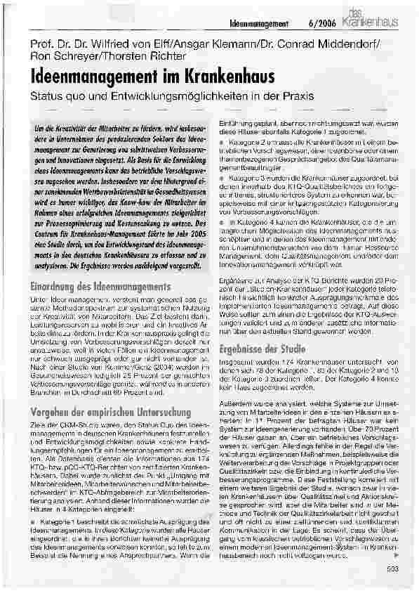 Vorschauseite 1: Ideenmanagement im KrankenhausStatus quo und Entwicklungsmöglichkeiten in der Praxis