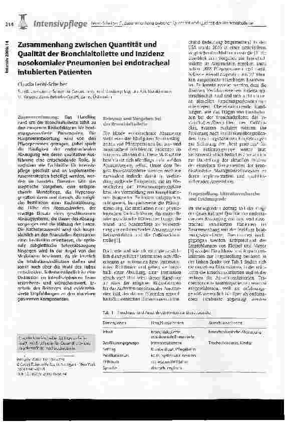 Vorschauseite 1: Zusammenhang zwischen Quantität und Qualität der Bronchialtoilette und Inzidenz nosokomialer Pneumonien bei endotracheal intubierten Patienten