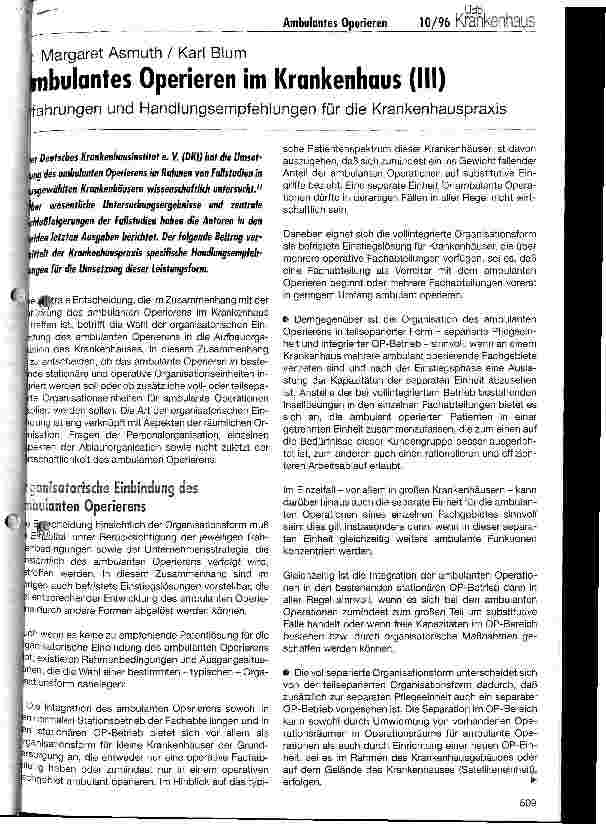 Vorschauseite 1: Ambulantes Operieren im Krankenhaus (III) Erfahrungen und Handlungsempfehlungen für die Krankenhauspraxis