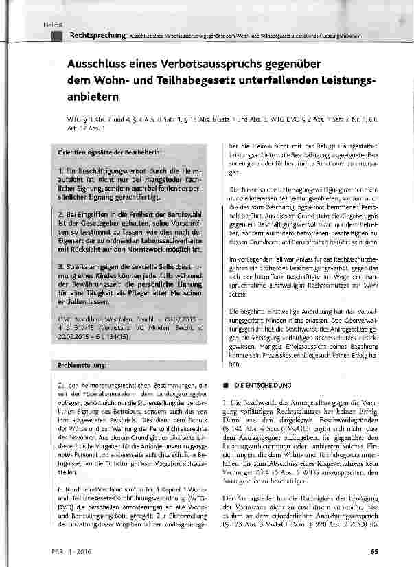 Vorschauseite 1: Ausschluss eines Verbotsausspruchs gegenüber dem Wohnund Teilhabegesetz unterfallenden Leistungsanbietern 1