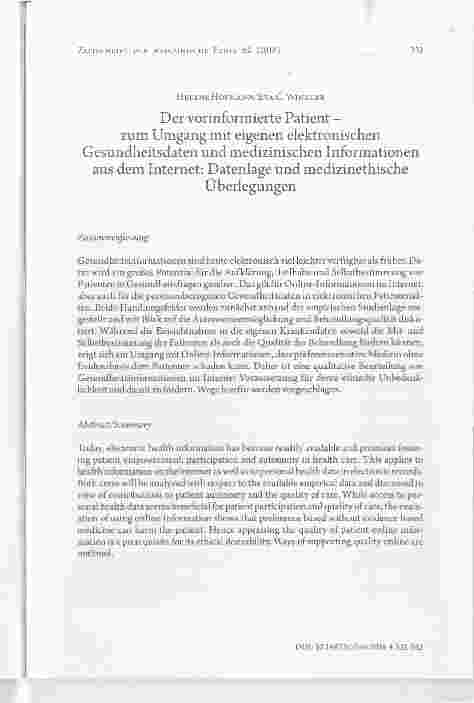 Vorschauseite 1: Der vorinformierte Patient zum Umgang mit eigenen elektronischen Gesundheitsdaten und medizinischen Informationen aus dem Internet: Datenlage und medizinethischeÜberlegungen